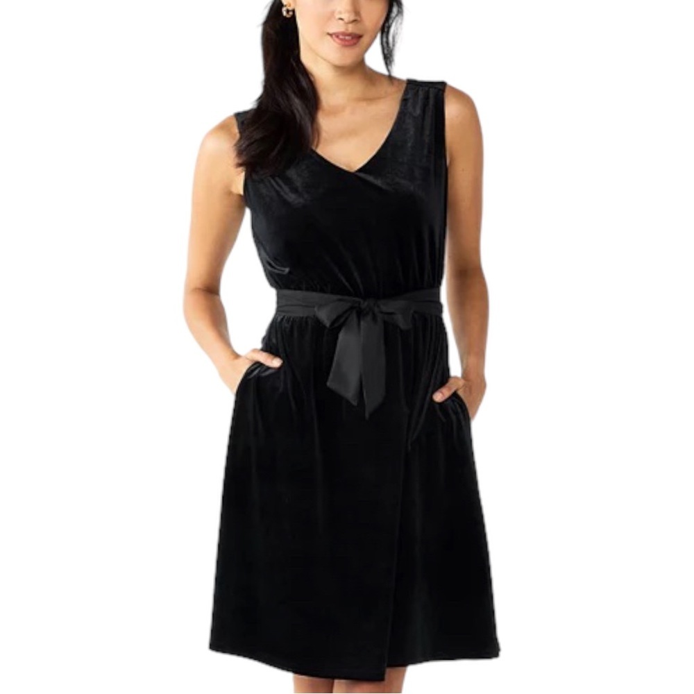 Draper James RSVP Crushed Velvet Bow Belt Keyhole Back Black Dress Size XS